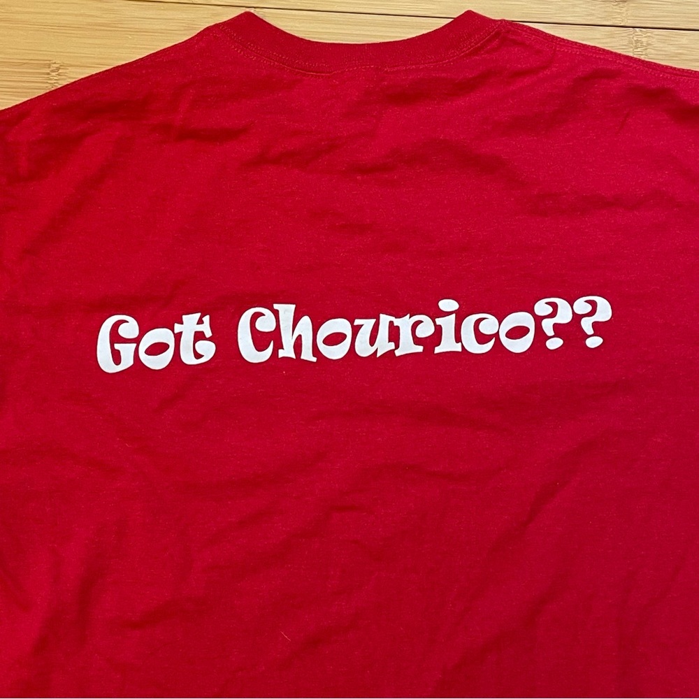 Got Chourico? Kitschy t-shirt from church bazaar in Newport, RI. Size M, 50/50.